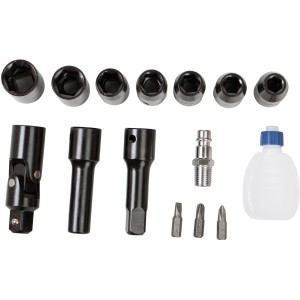 Scheppach Druckluftratsche Set mit Steckschlüsseln, Verlängerung, Kardangelenk, Bits und Öl-Fläschchen.
