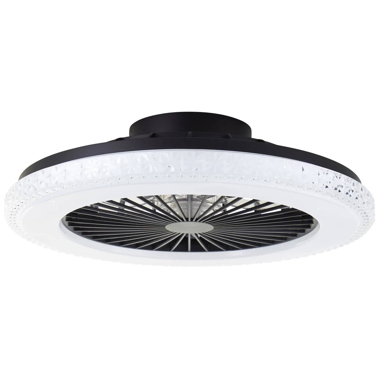 Schwarze LED-Deckenleuchte Badria mit Ventilator, Ø 49 cm, für angenehmes Raumklima.