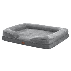 Graues Juskys Hundebett Sheena XL, orthopädisch, mit weichem Flanellbezug und erhöhtem Rand.