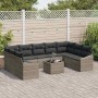 Graues 10-tlg. vidaXL Garten-Sofa-Set aus Poly Rattan mit Tisch und schwarzen Kissen.
