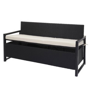 Anthrazitfarbene Poly-Rattan 3er Gartenbank mit cremefarbenem Sitzkissen und integriertem Staufach.