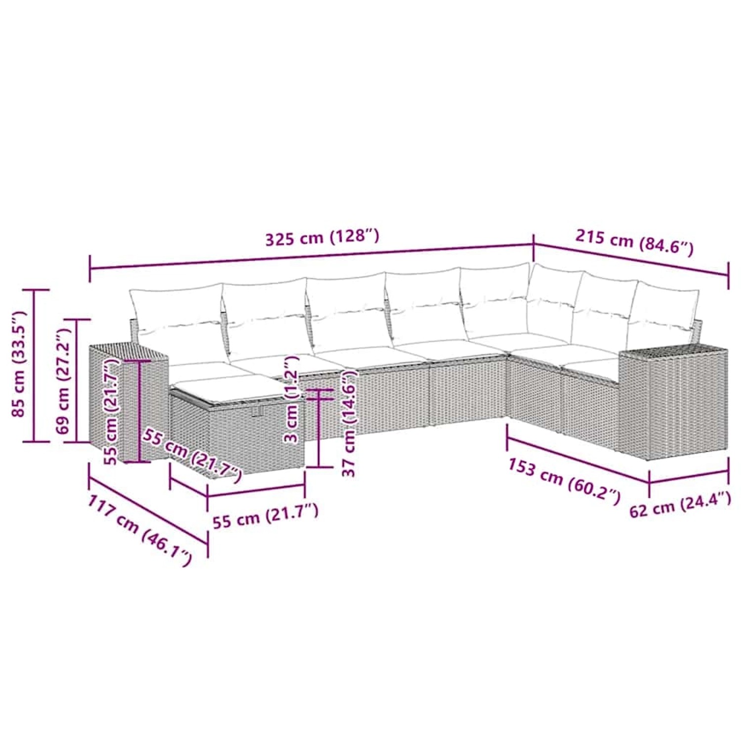 vidaXL Garten-Sofagarnitur, 8-teilig, grau, Poly Rattan, mit Maßangaben.