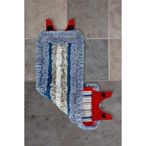 Vileda Ultramax Extra Feucht Ersatz-Wischbezug für Reinigungsgeräte, blau-weiß mit roter Halterung.