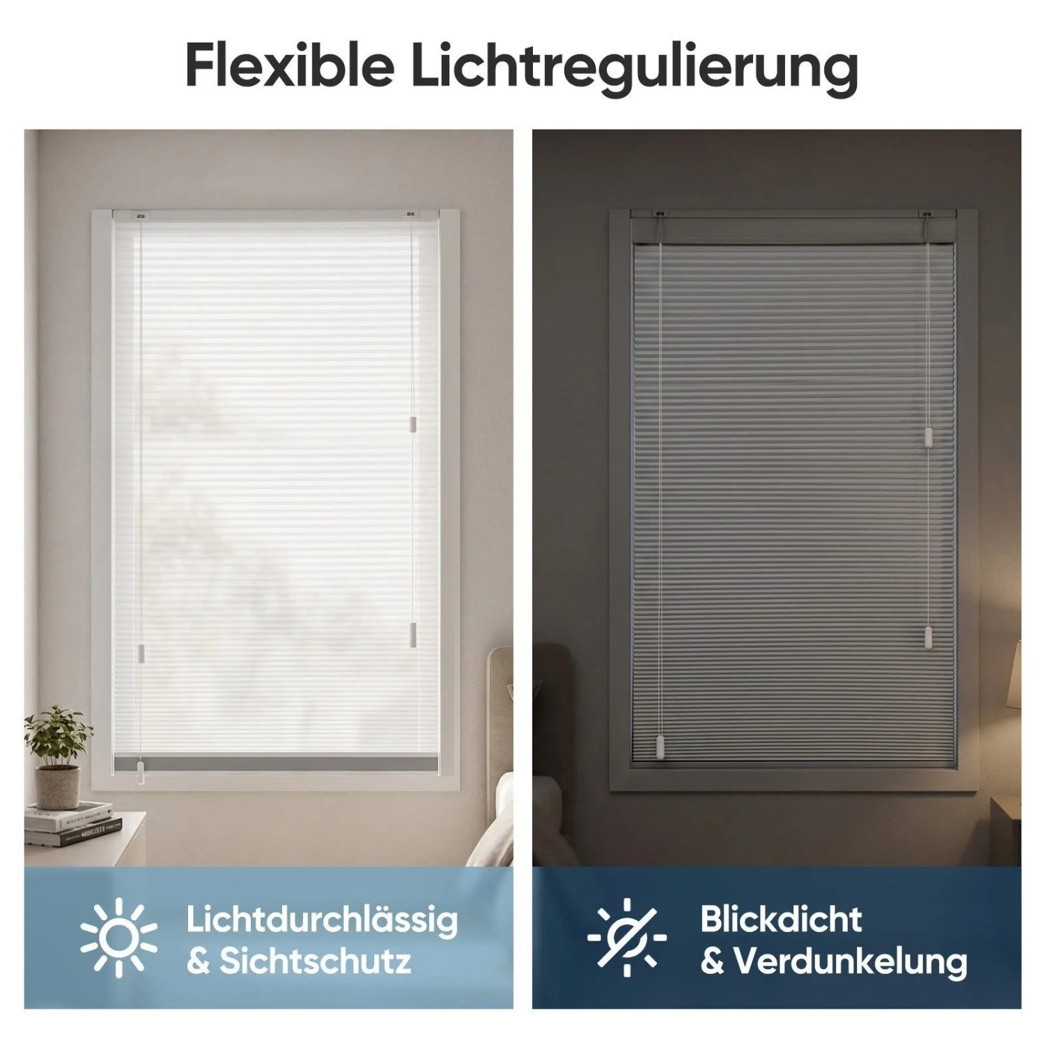 Weißes Sekey Wabenplissee Klemmfix am Fenster. Zeigt flexible Lichtregulierung: lichtdurchlässig und verdunkelnd.