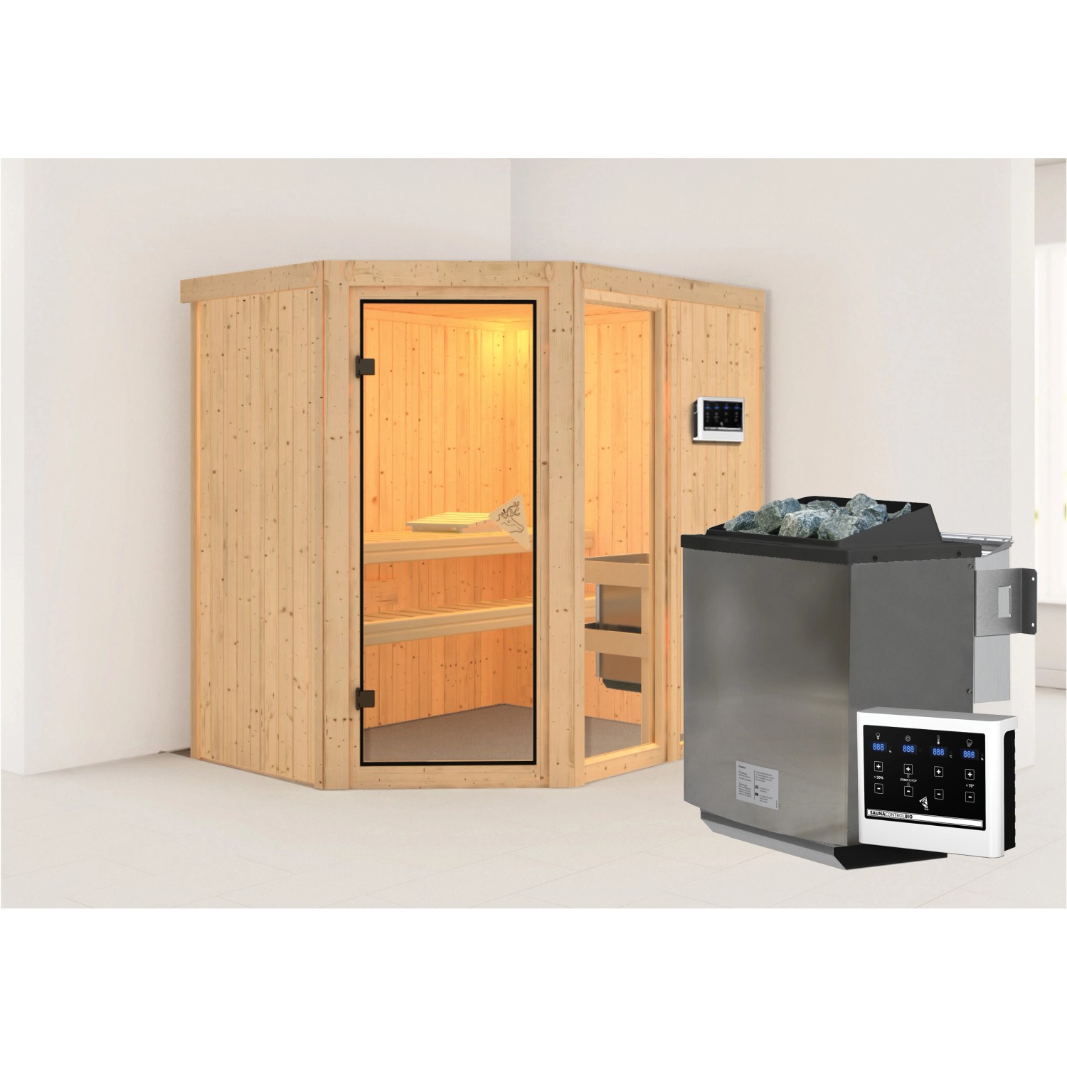 Karibu Sauna Freyja 1 mit Bio-OfenEdelstahlmit Ofen externe Stg.Natur günstig online kaufen