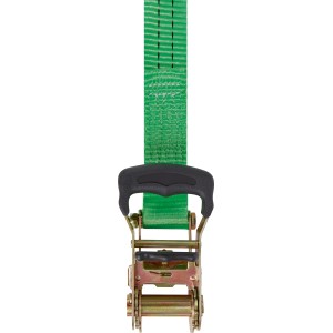 Grüner Zurrgurt mit Ratsche (3,8 cm x 600 cm) aus Polyester und Stahl für sichere Ladung.