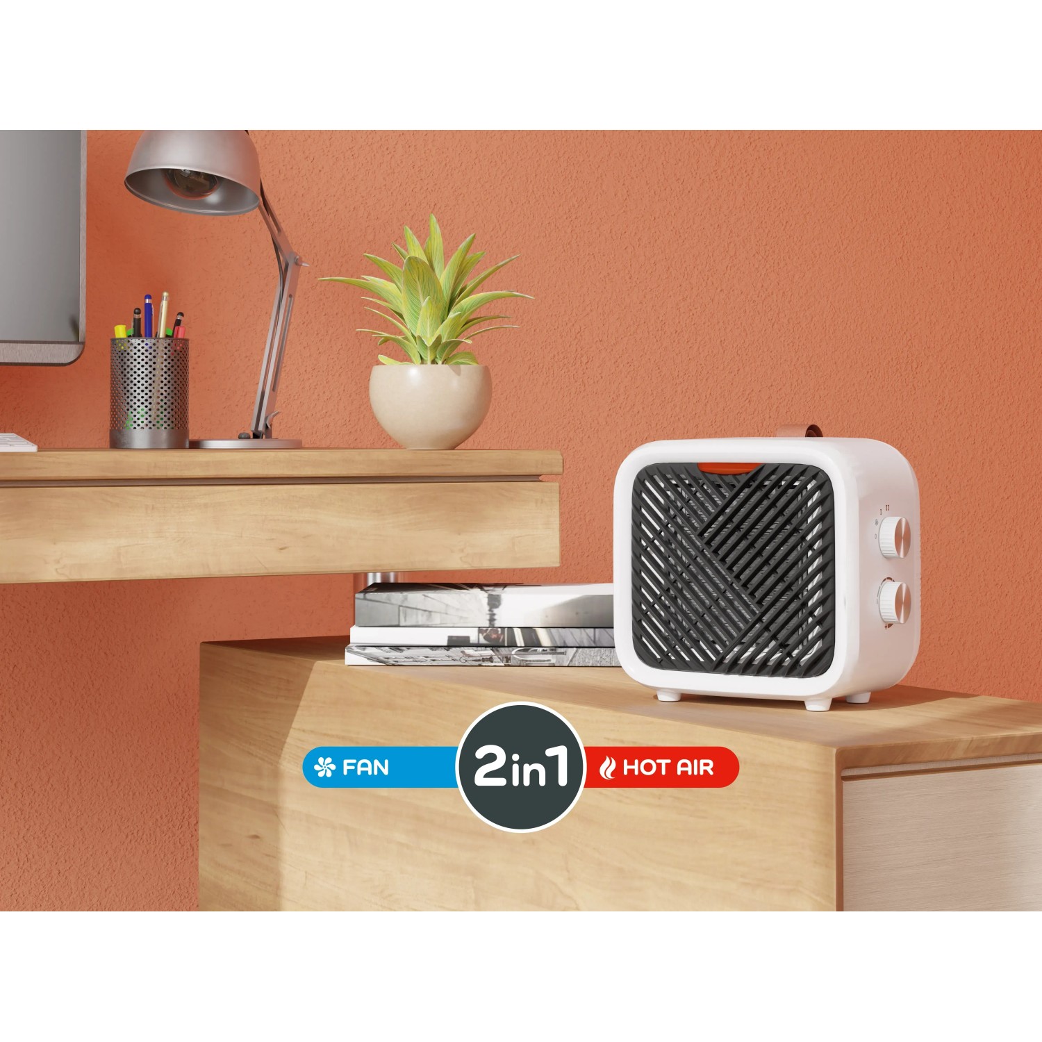 Kompakter Keramikheizer Nevala 2in1 (1500 W) mit Ventilatorfunktion auf einem Tisch.