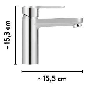 Glänzende baliv Waschtischarmatur WT-570 Chrom, Einhebelmischer, mit Maßen 15,3 cm Höhe und 15,5 cm Breite.