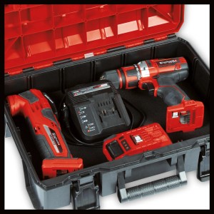 Einhell E-Case S-F Werkzeugkoffer (rot-schwarz) mit Werkzeug, Akku und Ladegerät.