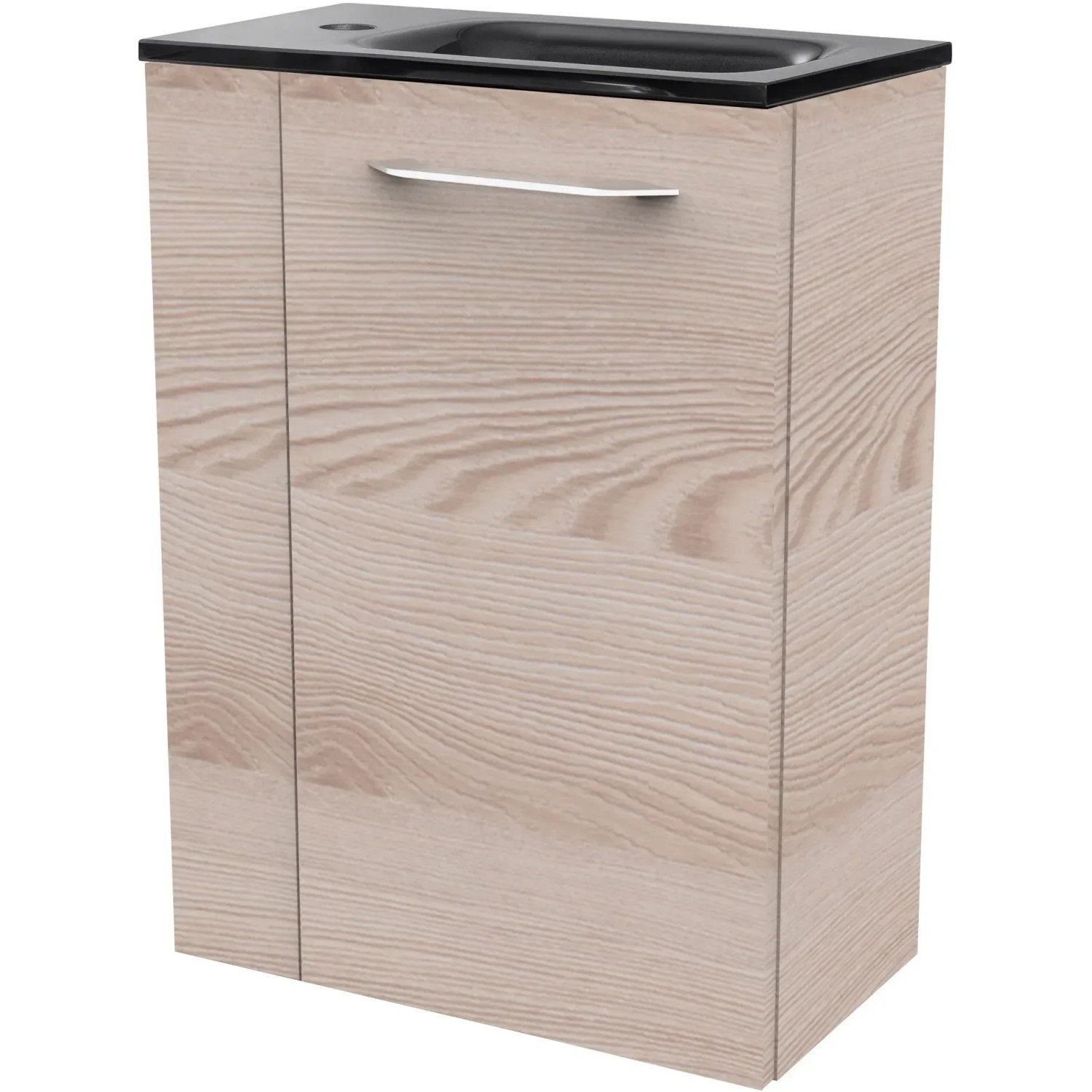 Fackelmann Waschbeckenunterschrank SBC Alaska Esche, 44 cm breit, mit schwarzem Waschbecken.