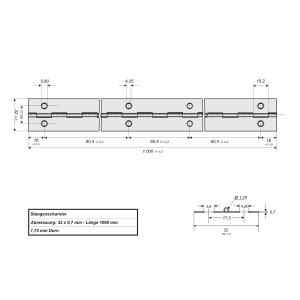 Technisches Diagramm SOTECH Stangenscharnier 1000x32x0,7 mm Edelstahloptik mit Maßen für Möbel.