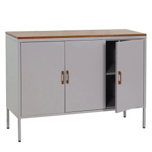 Graue MCW Kommode L84-3 mit drei Türen, Holzplatte und Metallbeinen. Schubladenkommode mit Stauraum.