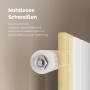 Detailaufnahme: Nahtlose Schweißtechnik des weißen Emke Heizkörpers mit Mittelanschluss.