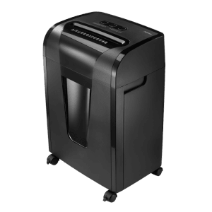 Schwarzer Hama Aktenvernichter Prime M100 mit Rollen, Sicherheitsstufe P5, für Büro und Home-Office.
