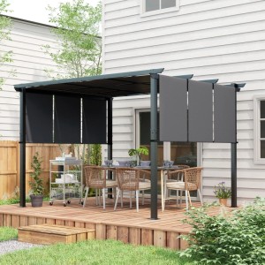 Dunkelgraue Furnicato Pergola 3x3,5m mit Sonnenschutz und Befestigungsmaterial auf Terrasse.