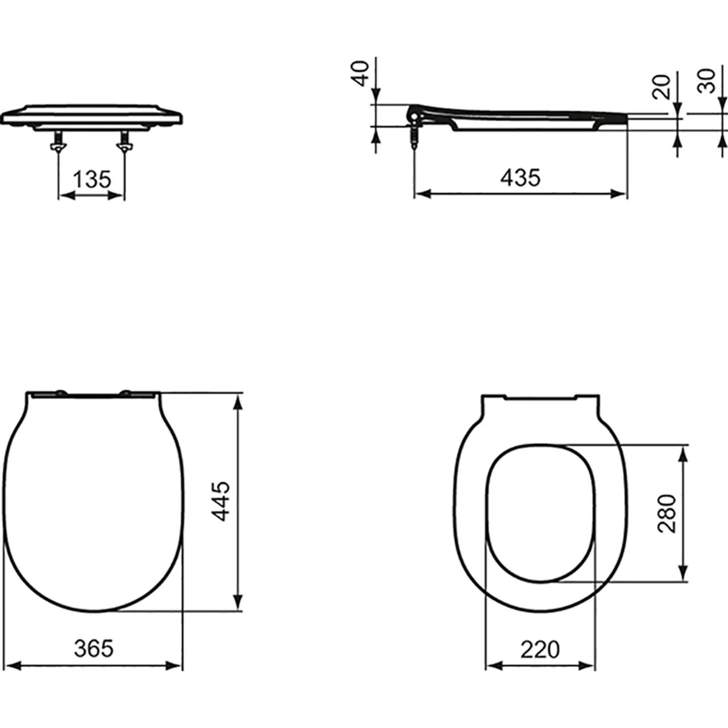 Technische Zeichnung: Ideal Standard Connect Air WC-Sitz, Softclosing, Wrapover, weiße Ausführung, Maße.