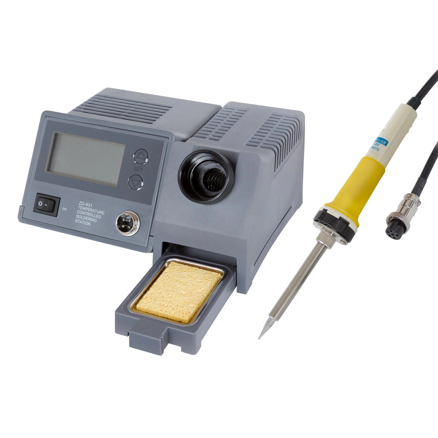 Blanko Digitale Lötstation ZD-931 mit Lötkolben, Halter und Schwamm für präzises Löten.