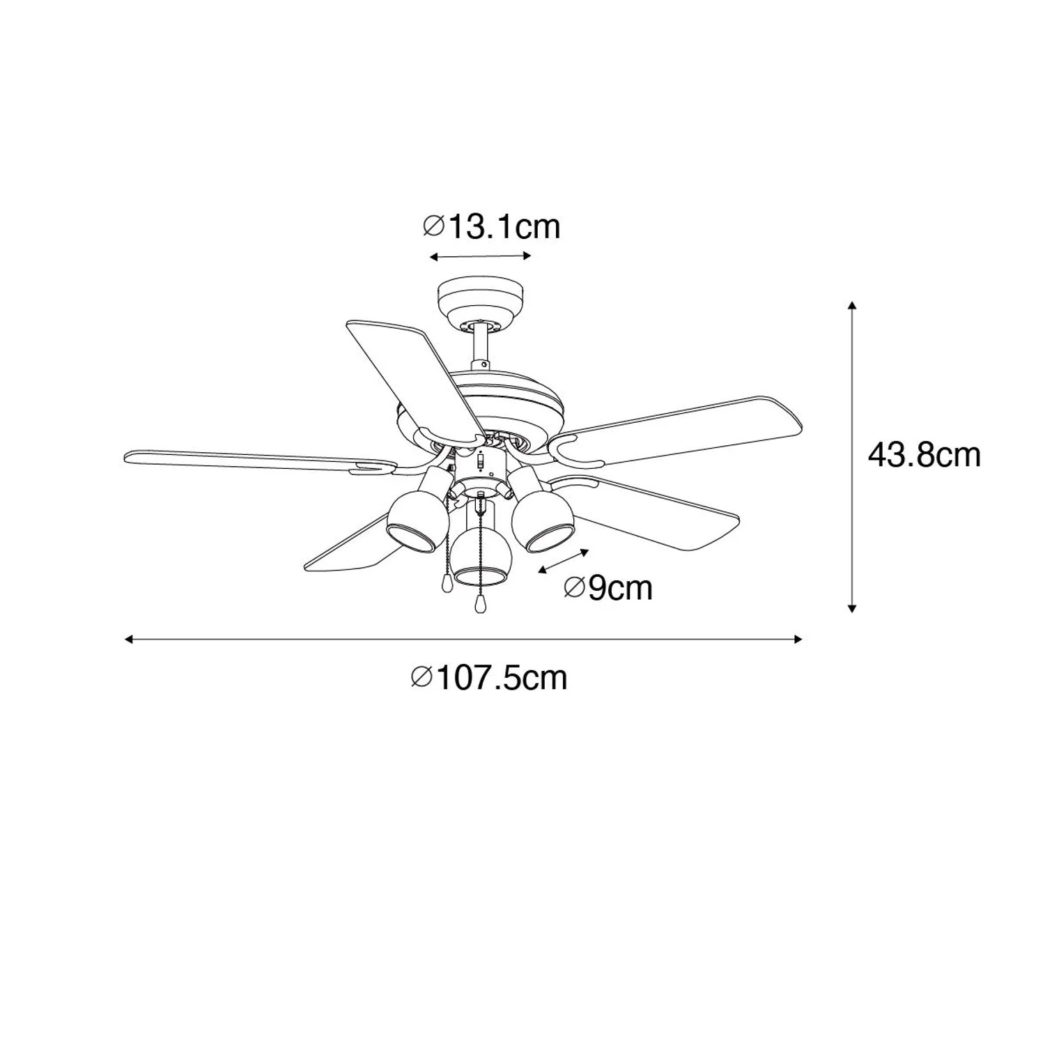 QAZQA Deckenventilator Mistral Vidro, schwarz mit Holzprint, 107,5 cm, 3-flammig mit Zugschalter.