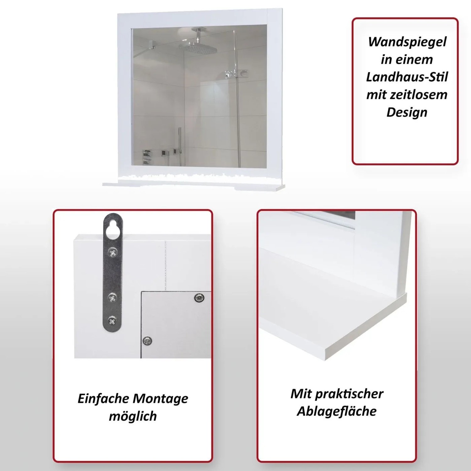 Weißer MCW Wandspiegel F75 mit Ablagefläche, zeitlosem Landhaus-Design und einfacher Montage.