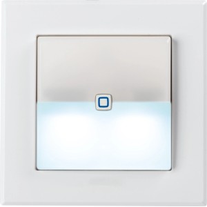Weißer Homematic IP Schaltaktor mit leuchtender Signalleuchte für Markenschalter. Moderner Wandtaster für Hausautomation.