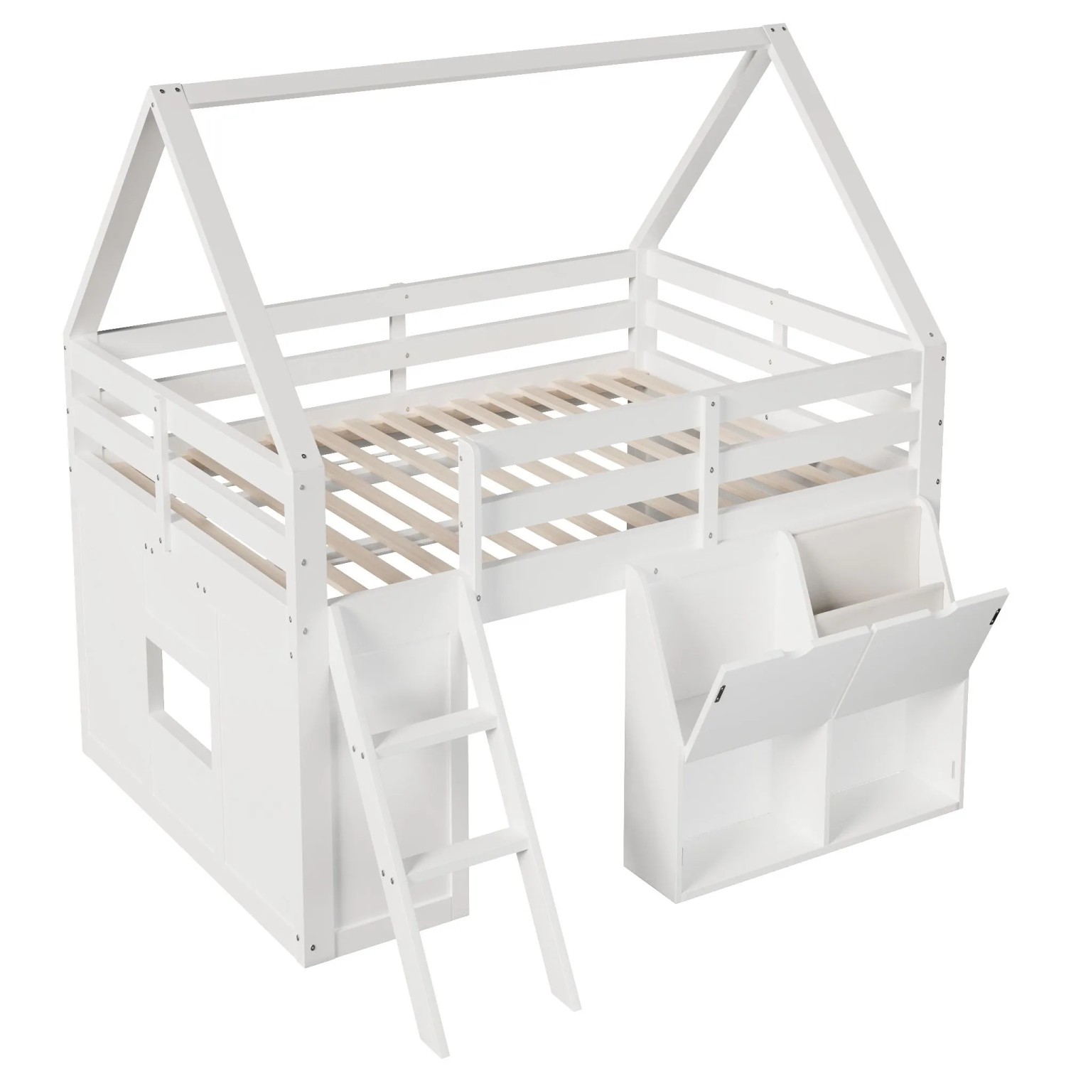 Merax Haus Hochbett Mit Treppe LED Aufbewahrungsboxen Stofftaschen Weiß