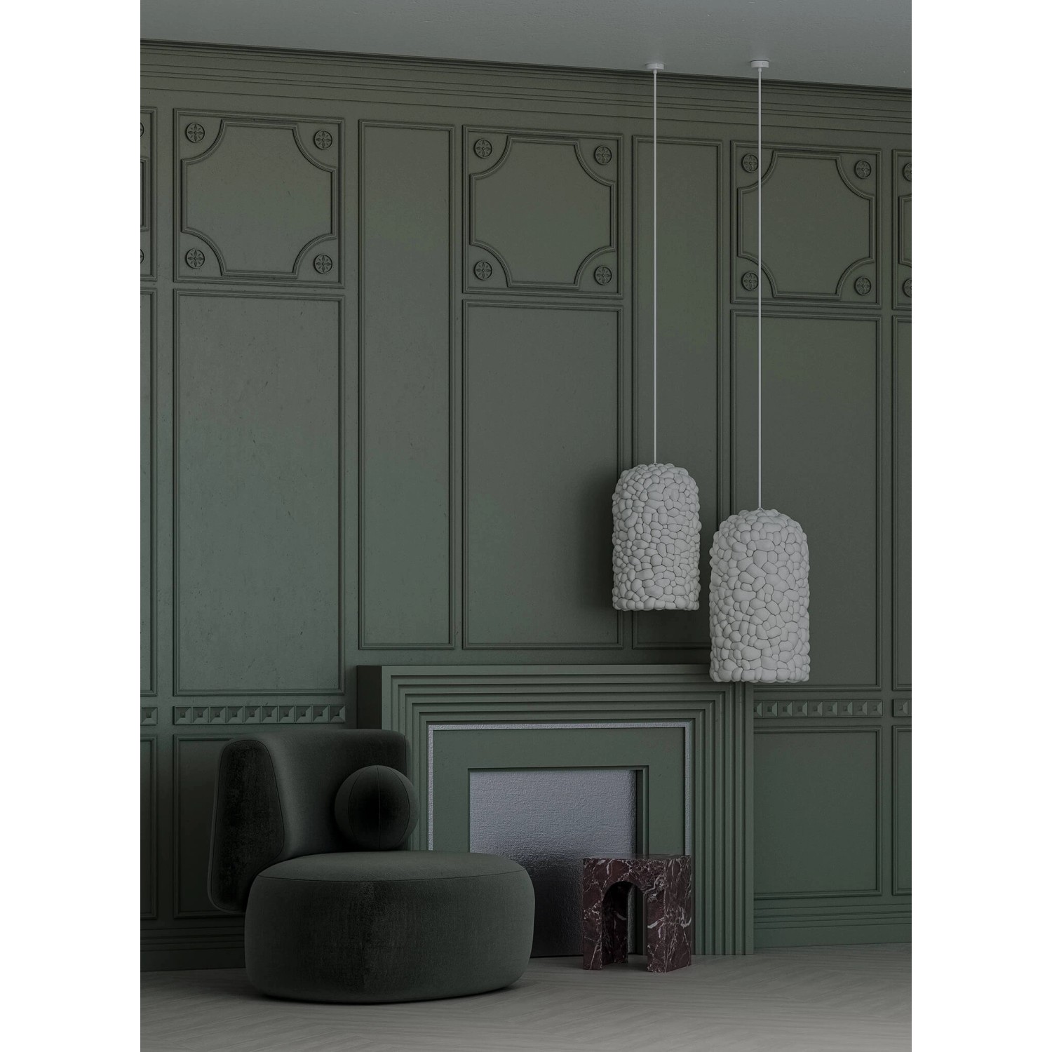 PROFHOME Eckleisten Set (4 Stk.) vor grüner Wand mit Paneelen und Dekoration.