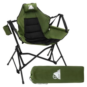 Faltbarer Camping-Schaukelstuhl in Khaki mit Stahlgestell und Tragetasche.