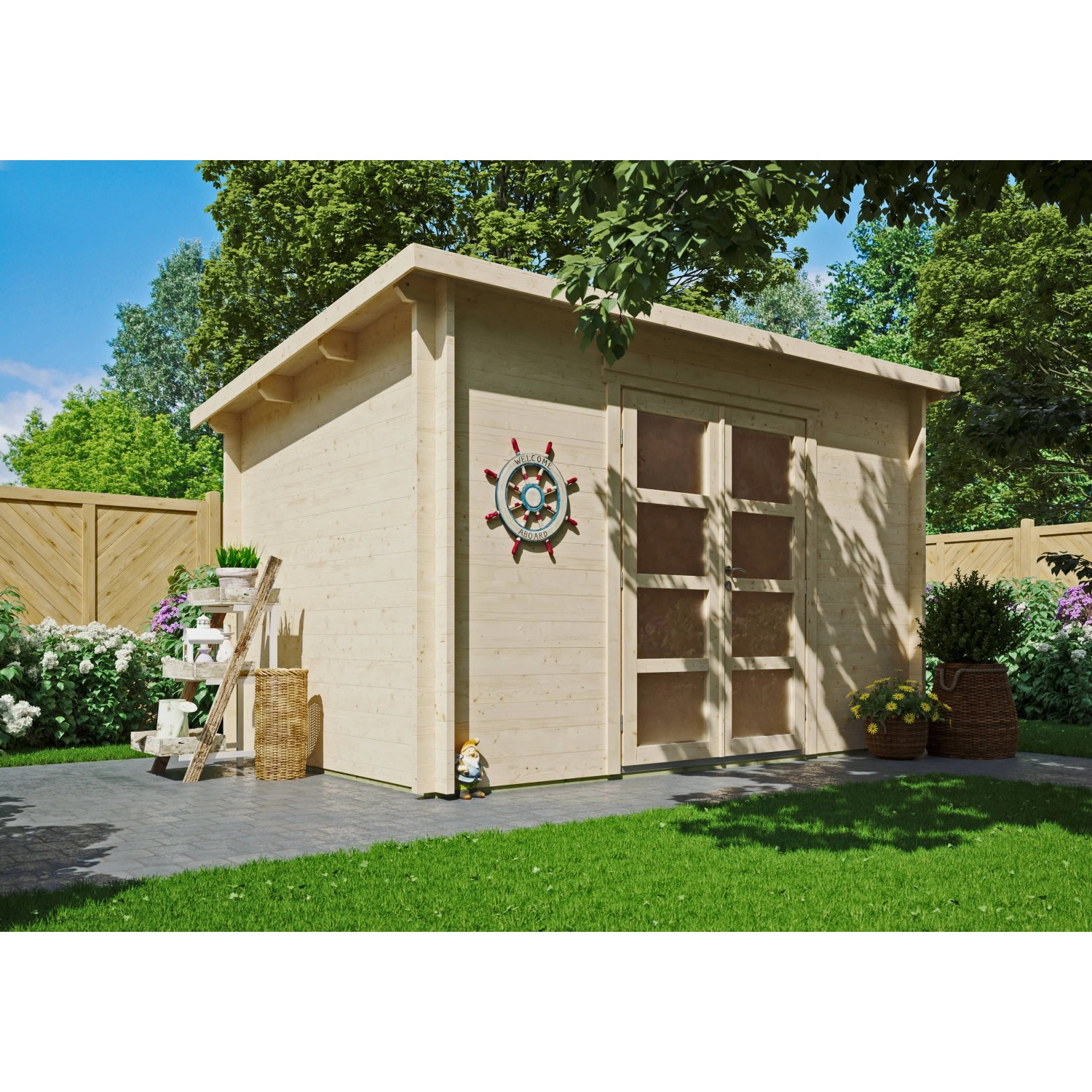 Fjordholz Gartenhaus Modell Max 44 E Vollholz-Tür Grau Imprägniert günstig online kaufen