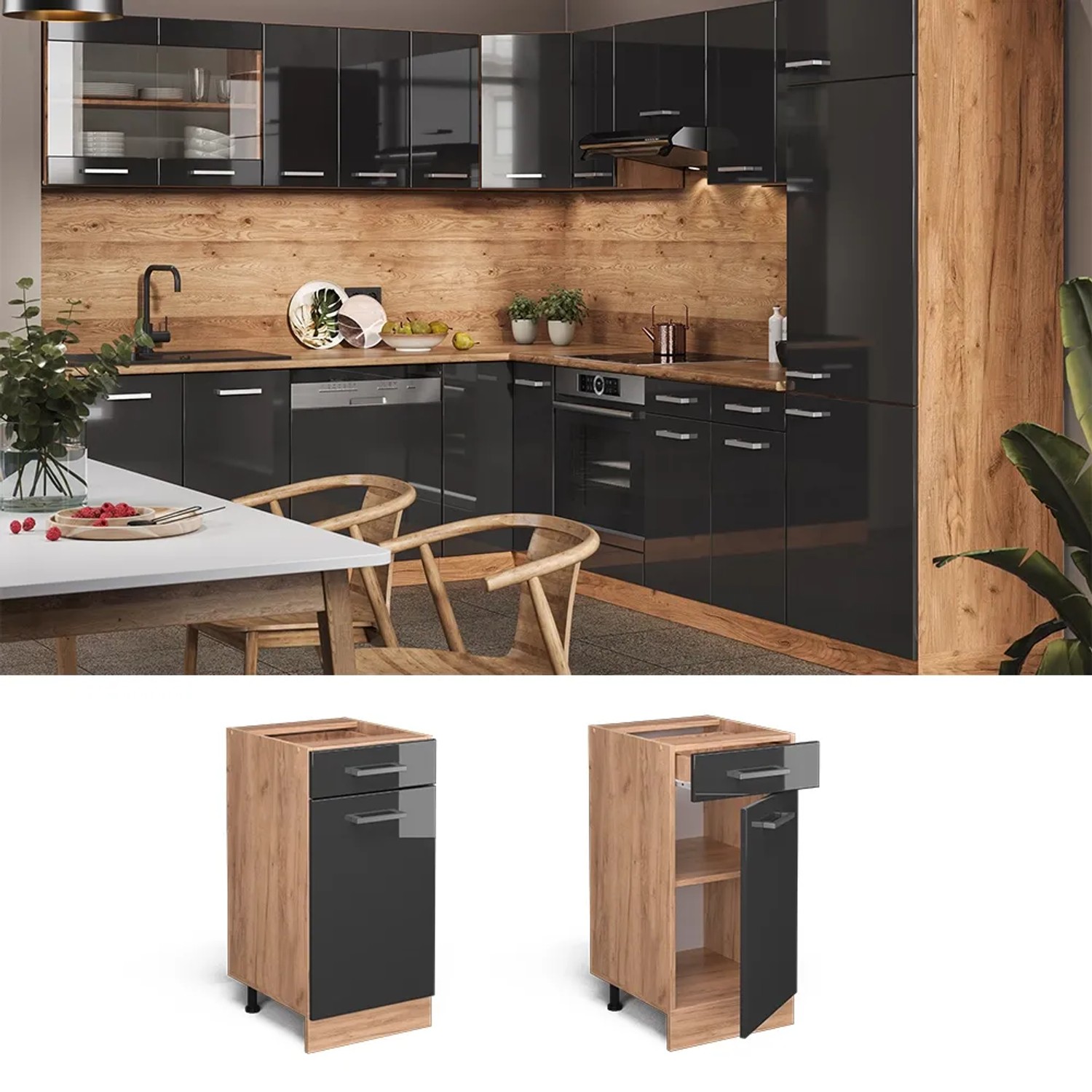 Vicco Küchenunterschrank R-Line, Anthrazit Hochglanz/Eiche, 40 cm, mit Schubladen und Arbeitsplatte.