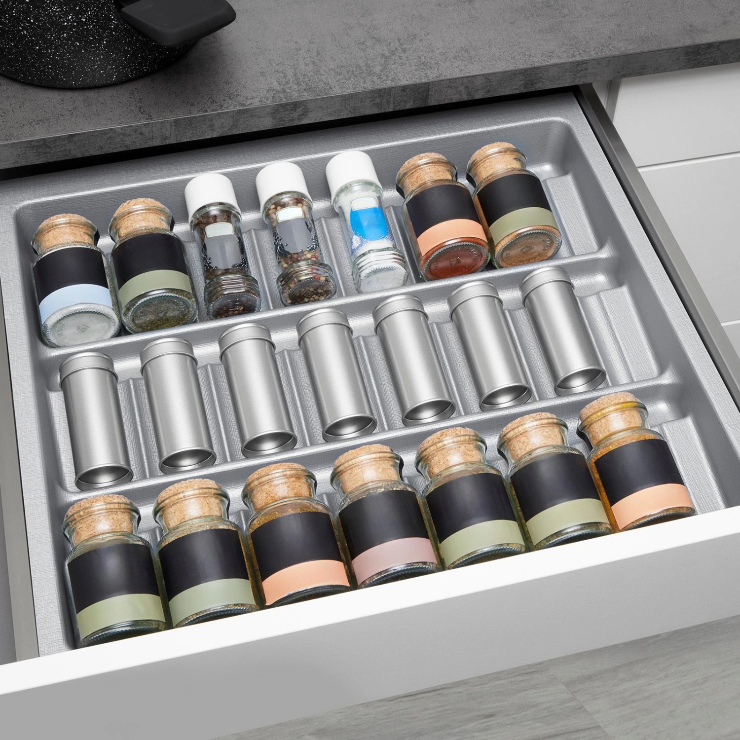 SOTECH ORGA-BOX-3 Gewürzgläsereinsatz Tiefe 473 mm Höhe 50,5 mm Silbergrau Schubladeneinsätze Breite 491 mm_4
