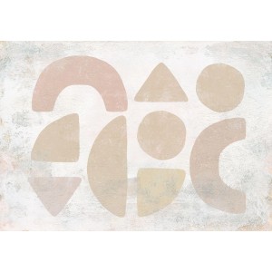 Sanders & Sanders Fototapete: Abstraktes Muster in Beige und Hellrosa mit Kreisen, Dreiecken und Halbkreisen.