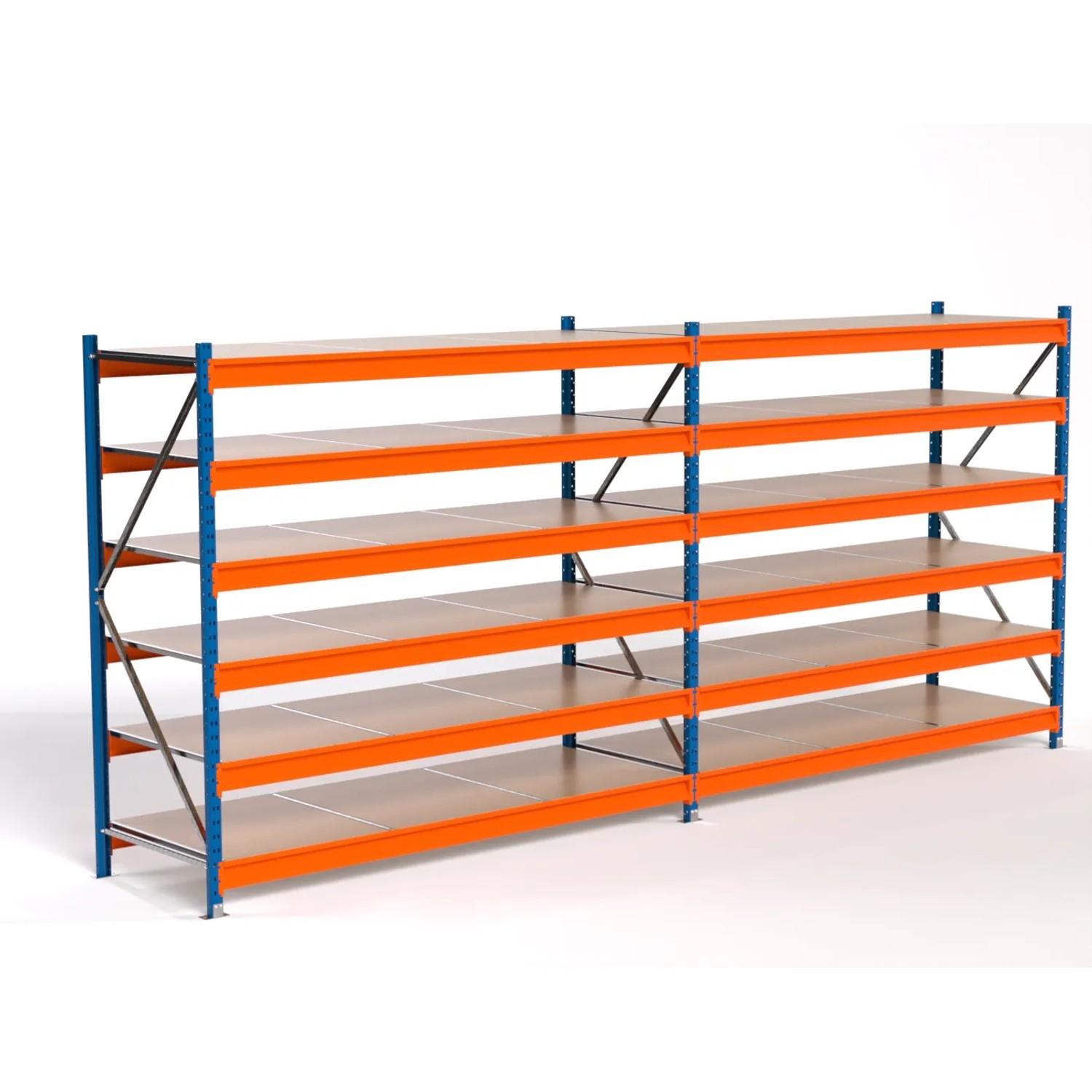 PROREGAL Industrie Weitspannregal Lagerregal MAXIMUS PRO Komplettregal 2 Felder HxBxT 200x450x80cm 6 Spanplatten-Fachboden Fachlast 610kg Blau/Orange