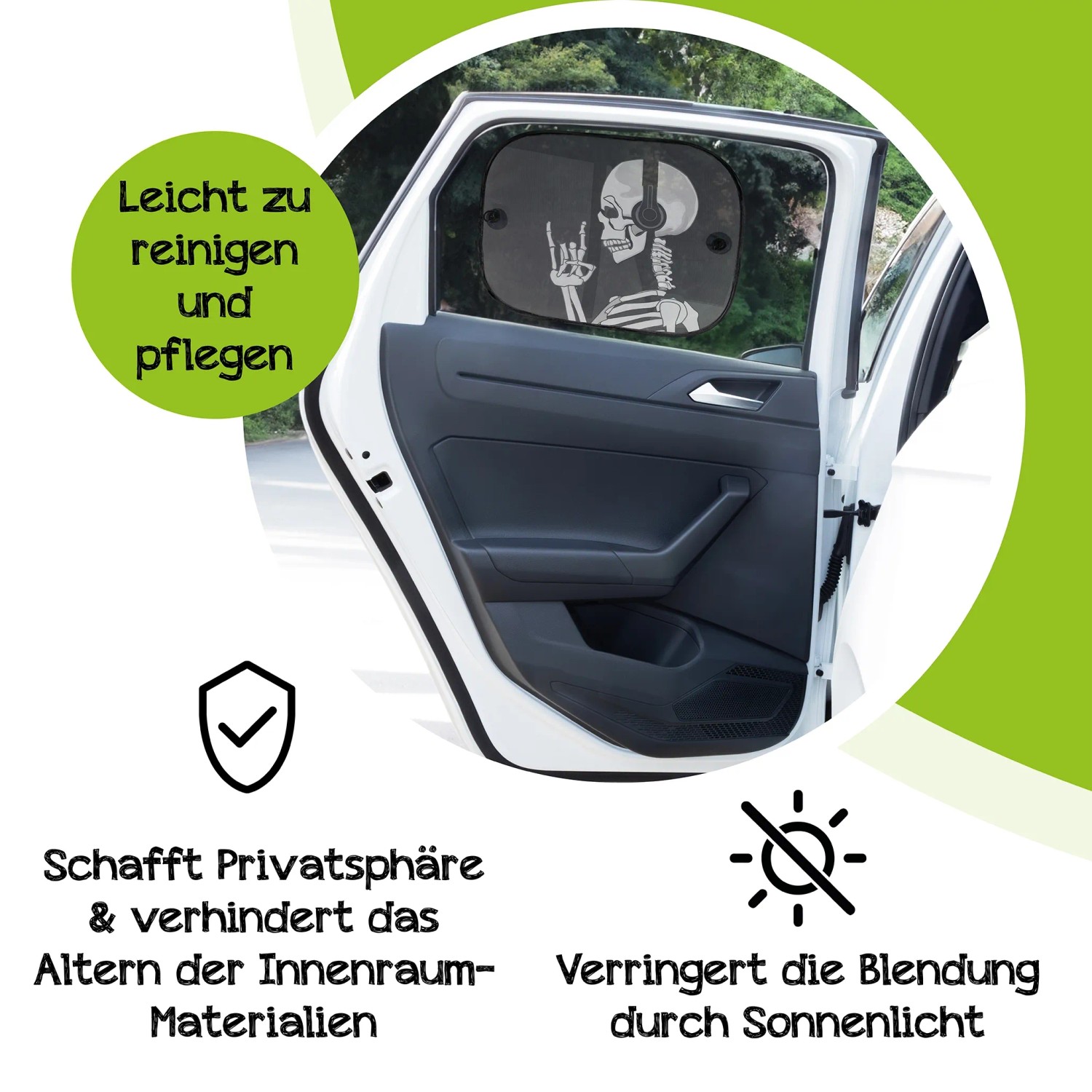 OKCars Sonnenschutz mit Skelett-Motiv an Autoscheibe, reduziert Sonneneinstrahlung im Fahrzeug.
