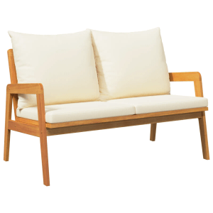 2-teiliges Bistro-Set aus Akazienholz mit creme-weißen Kissen für Garten oder Terrasse.