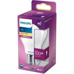 Philips LED-Lampe E27 in Glühlampenform, 10,5W, 1521 Lumen, warmweiß, in lila Verpackung.