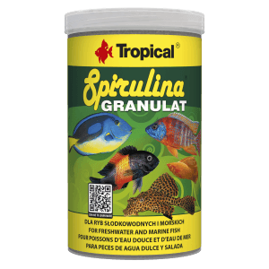 Tropical Fischfutter Granulat Spirulina, 1000ml Dose mit Fischabbildungen.