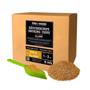 PINI Räucherchips Erle 1-3 mm in 5 kg Kartonverpackung mit Schaufel und Holzspänen. Ideal für Grill & Smoker.