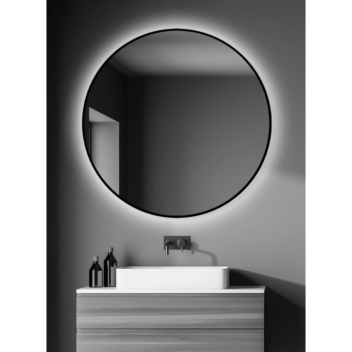 Runder DSK Design LED-Lichtspiegel Silver Globo, Ø 100 cm, mit schwarzem Rahmen und umlaufender Beleuchtung.