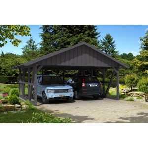 Grauer Skan Holz Carport Schwarzwald mit Dachschalung und Rückwand für zwei Autos.