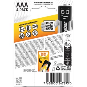 Energizer Alkaline Power AAA Batterien, 4er-Pack für Geräte des täglichen Gebrauchs.