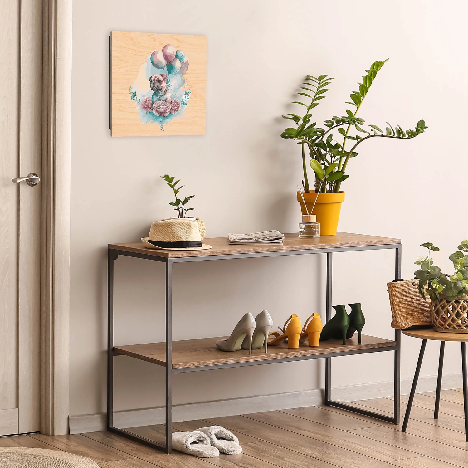 Banjado Schlüsselkasten Holz, 30x30cm, Motiv Pudeliges Blumenglück, 50 Haken zur Schlüsselaufbewahrung.