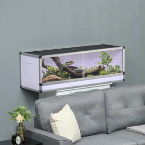 PawHut Terrarium (120x40x40cm) mit Schlange, Pflanzen und Holzelementen an grauer Wand.