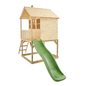 TP Toys Holz-Spielhaus Wald mit Rutsche, naturbelassenes Holz, Leiter und Veranda.