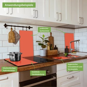 Orangefarbene 2-teilige Glas-Herdabdeckung 30x52 cm als Schneidebrett und Spritzschutz in Küche.