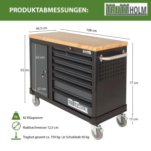TRUTZHOLM Werkstattwagen DELUXE mit 6 Schubladen, Tür, Holzplatte, anthrazit/grau.