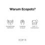 Ecopots Vorteile: Handgefertigt, langlebig und für Innen- & Außenbereiche geeignet.