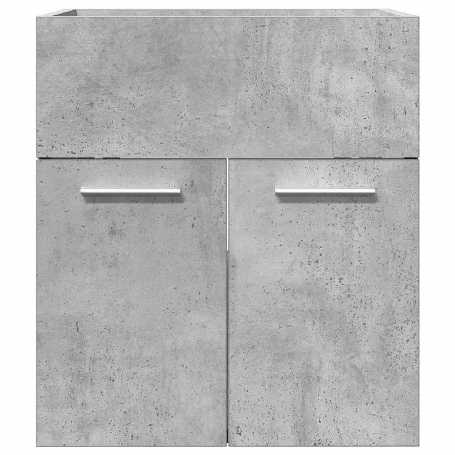 Waschbeckenschrank in Betongrau mit zwei Türen und Griffen. Badmöbel zur Wandmontage.
