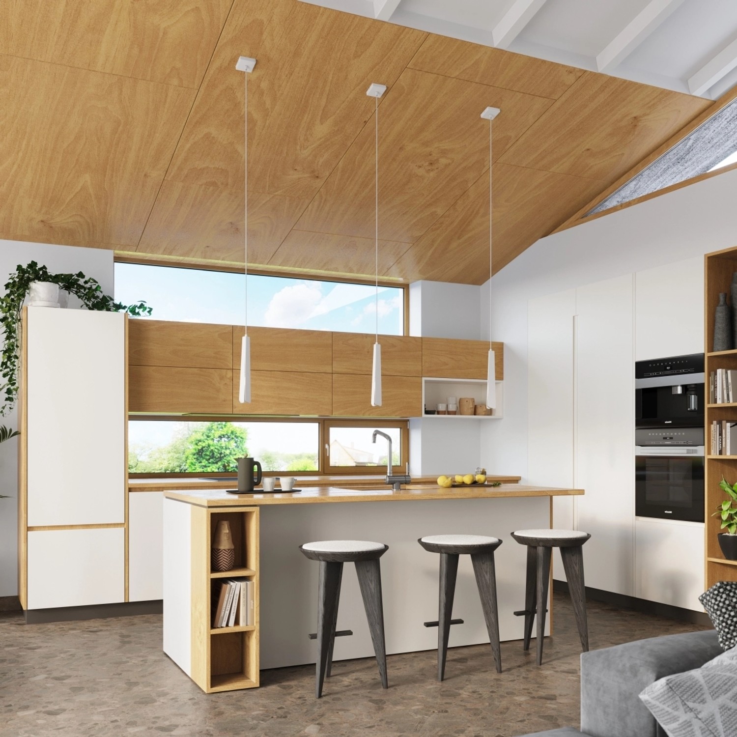 Weiße Sollux Prysm Hängeleuchten über Kücheninsel. Moderne Lampen für Esszimmer und Küche.