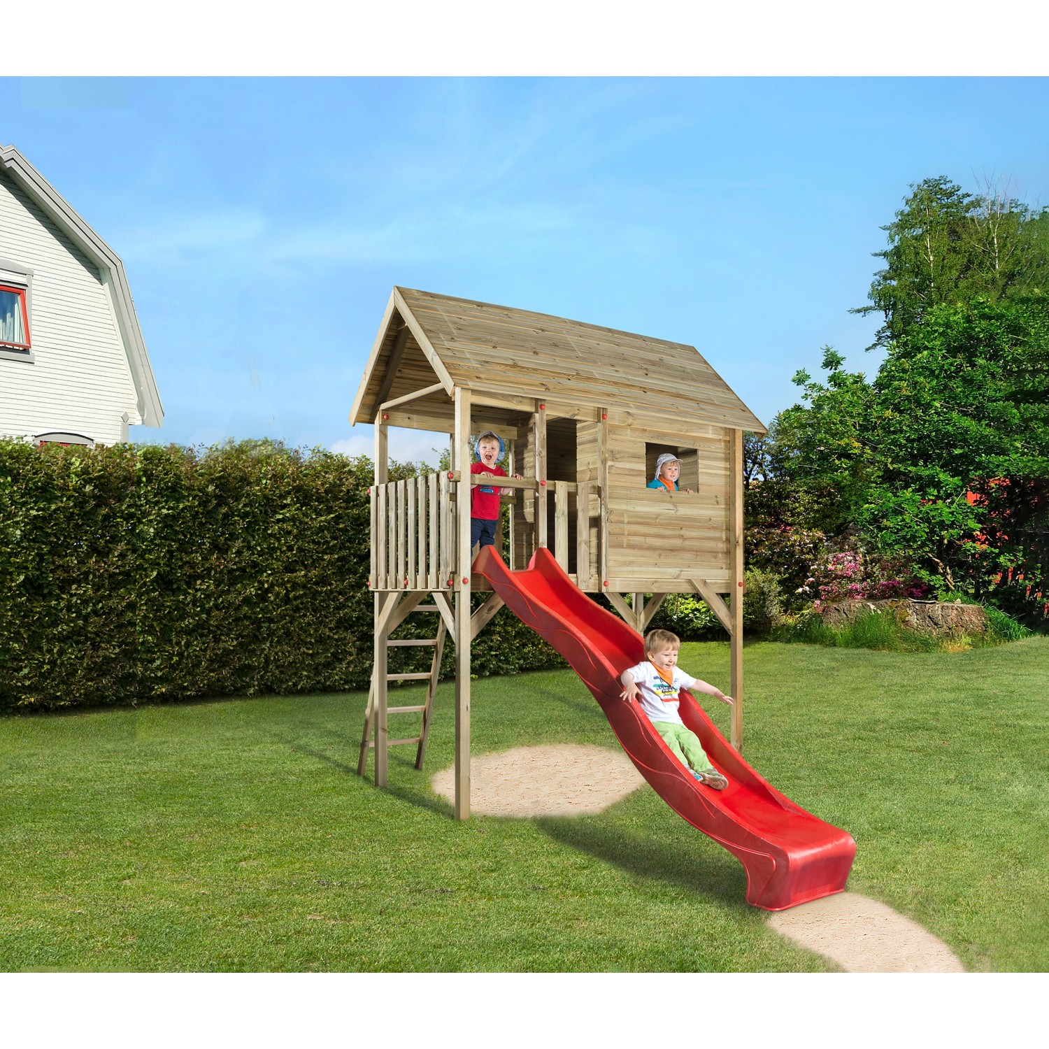 Weka Stelzen-Spielhaus Tabaluga mit Wellenrutsche Rot 332 cm x 125 cm x 235 cm