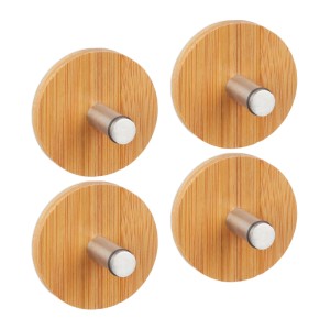 4er Set Relaxdays Klebehaken aus Bambus und Edelstahl, ideal für Bad und Küche.